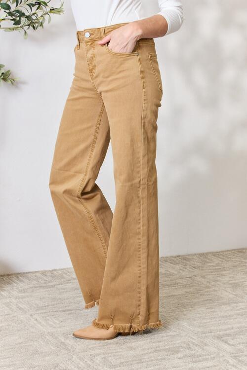 RISEN Full Size Fringe Hem Wide Leg Jeans - Ash Boutique