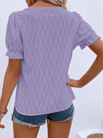 Ruffled Notched Short Sleeve T-Shirt - Ash Boutique