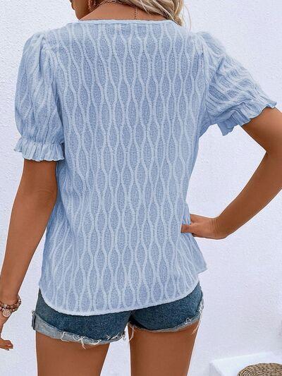Ruffled Notched Short Sleeve T-Shirt - Ash Boutique
