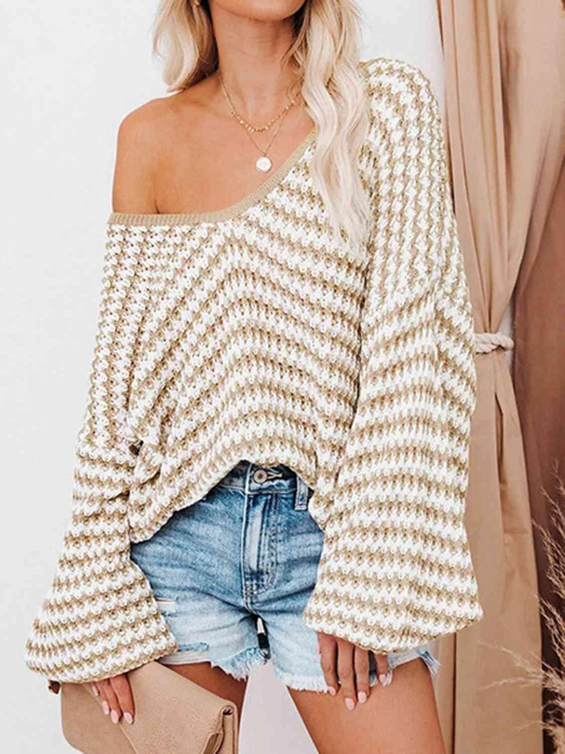 Striped Drop Shoulder V-Neck Sweater - Ash Boutique