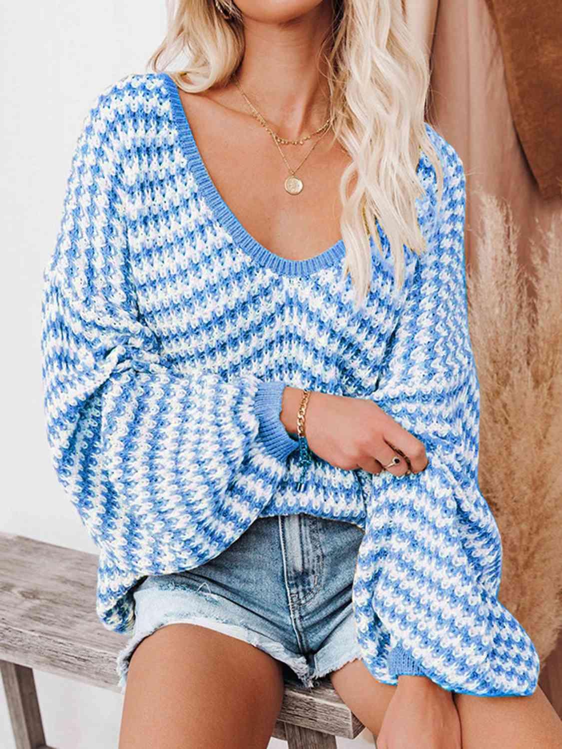 Striped Drop Shoulder V-Neck Sweater - Ash Boutique