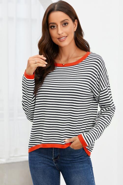 Striped Round Neck Drop Shoulder T-Shirt - Ash Boutique
