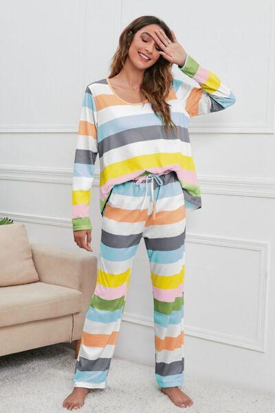 Striped Round Neck Long Sleeve Top and Drawstring Pants Lounge Set - Ash Boutique