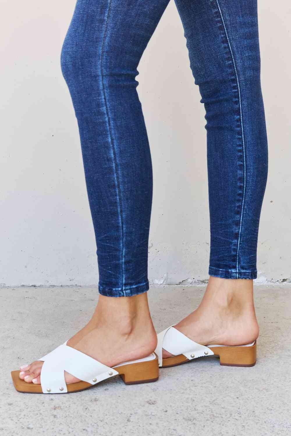 Weeboo Step Into Summer Criss Cross Wooden Clog Mule in White - Ash Boutique