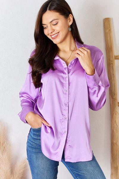 Zenana Satin Button Down Long Sleeve Shirt - Ash Boutique